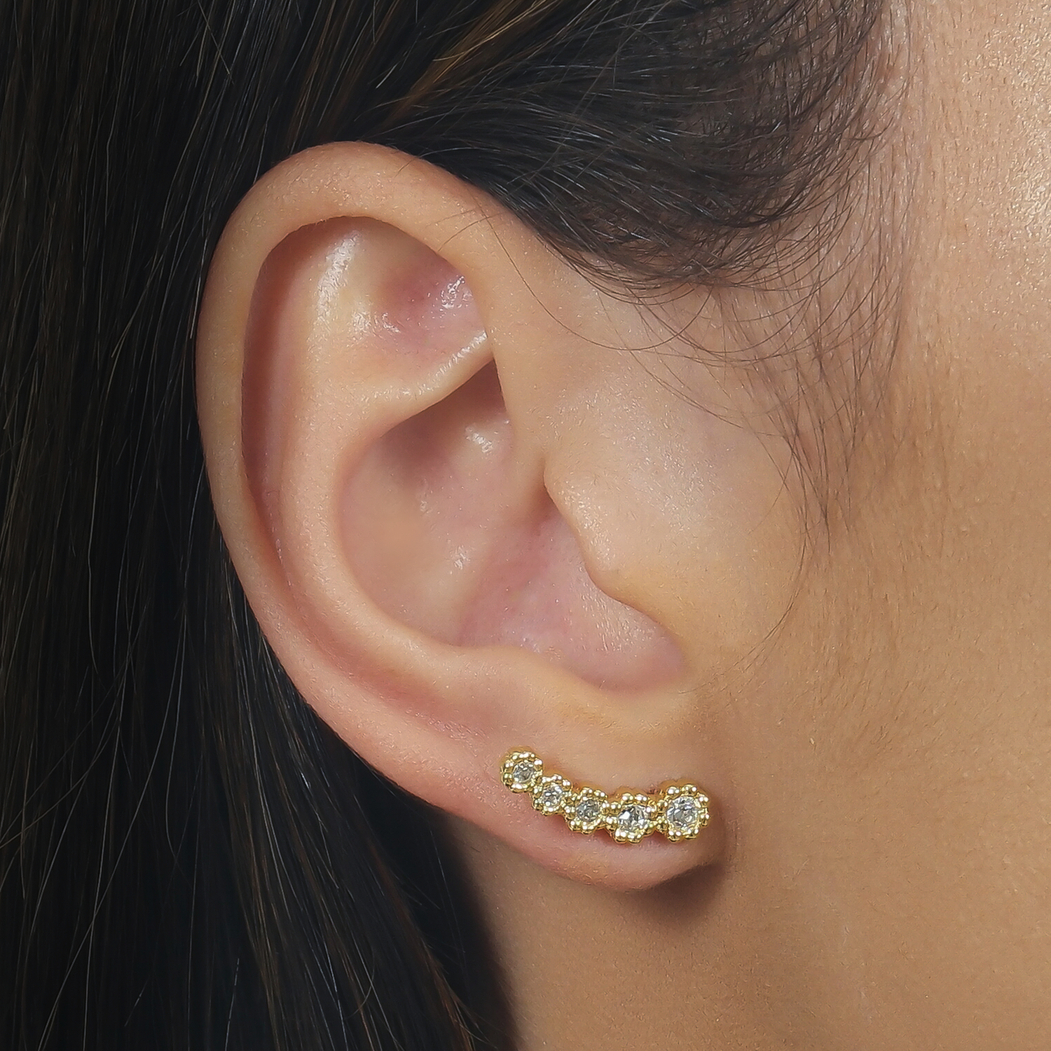 Brinco Dourado Ear Cuff 5 Pedras Zircônia Banhado a Ouro 24k