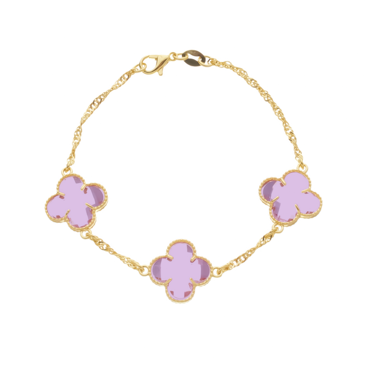 Pulseira Dourada Trevos Zircônia Rosa Banhado a Ouro 24K