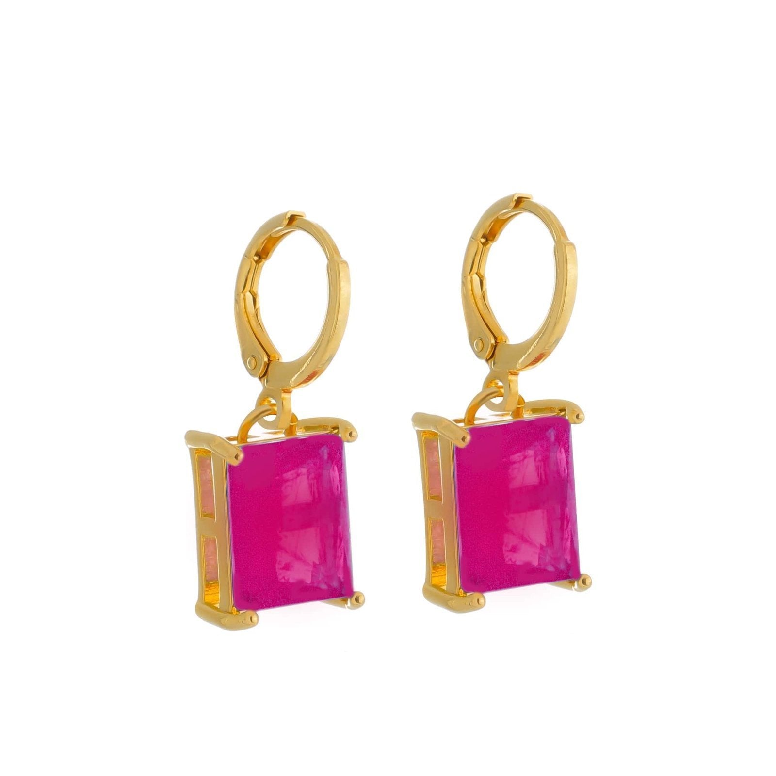 Brinco Dourado Argolinha Pedra Retangular Rosa Banhado a Ouro 24k