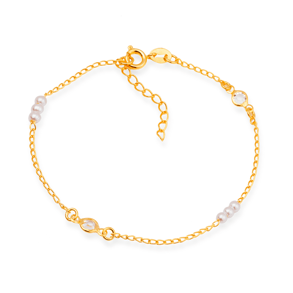 Pulseira Dourada de Pérolas com Ponto de Luz Banhado a Ouro 24K